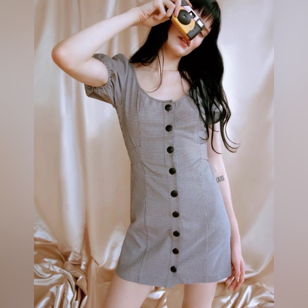 Urban Outfitters Emily Houndstooth Puff Sleeve Mini Dress